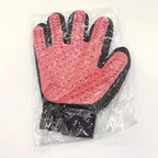 Pink right-hand silicone pet grooming glove product view.