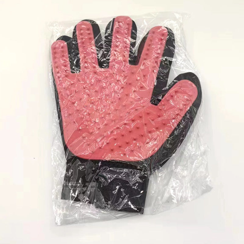 Pink right-hand silicone pet grooming glove product view.