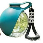 Blue portable pet water container variant with clear reservoir and black wrist strap.