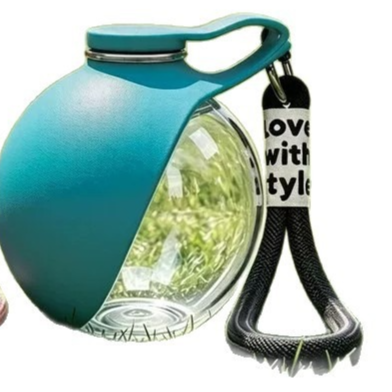 Blue portable pet water container variant with clear reservoir and black wrist strap.