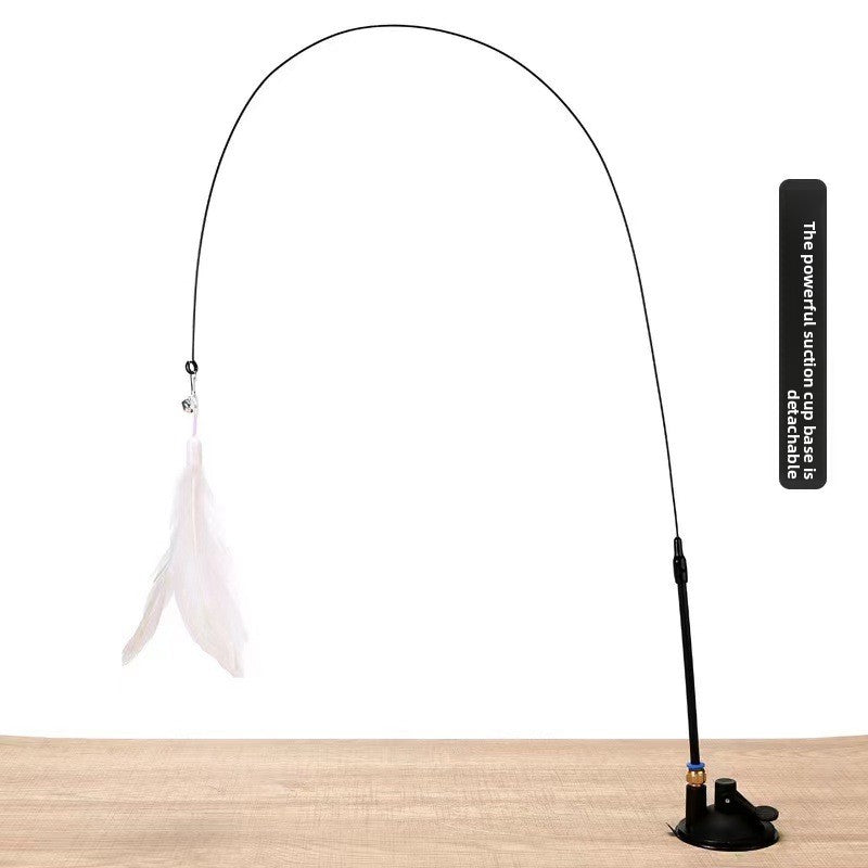 Strong-suction cat teaser variant with white feather and flexible rod.