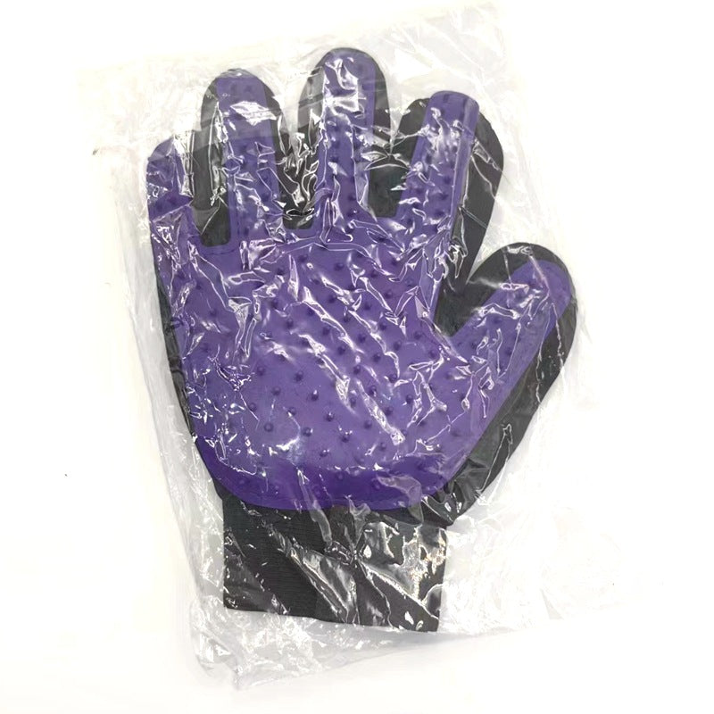 Purple right-hand silicone pet grooming glove product view.