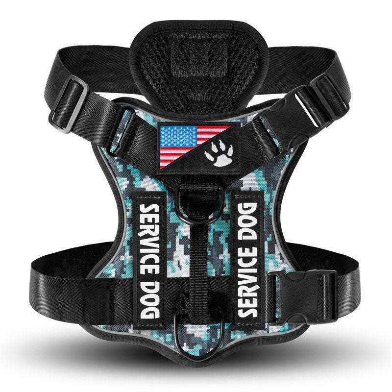 Camouflage-pattern reflective tactical dog harness color variant.