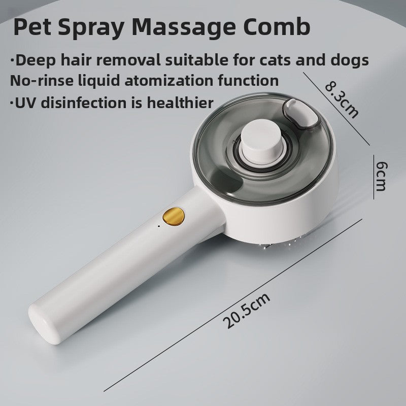 White spray pet grooming comb product view with verified dimensions shown on the image.
