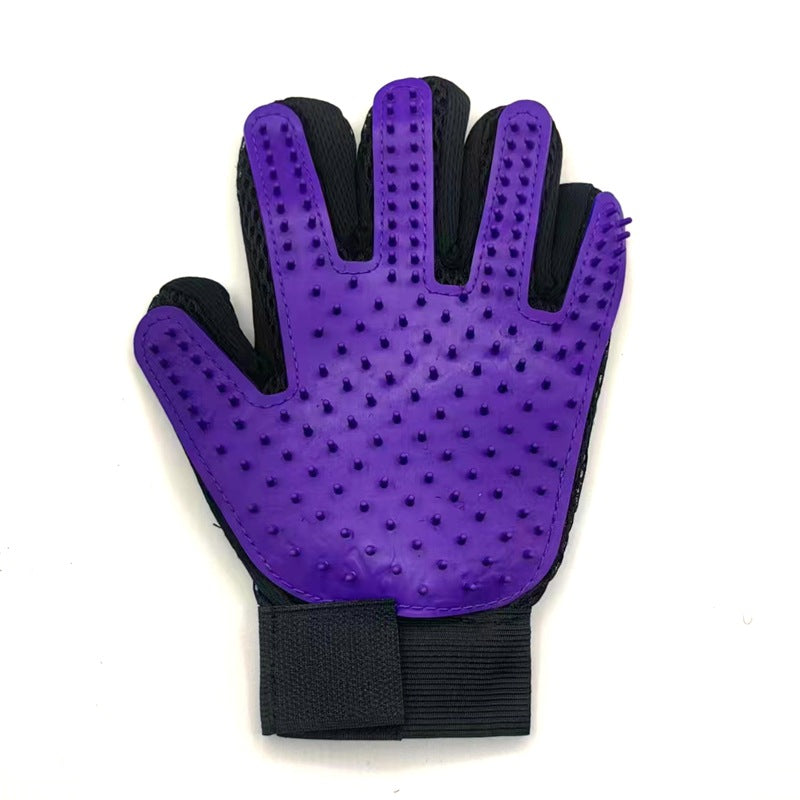 Purple left-hand silicone pet grooming glove product view.