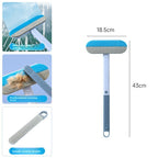 Blue and gray pet hair removal brush variant with dimensions and detail views.