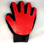 Red left-hand silicone pet grooming glove product view.