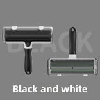 Black and white reusable pet hair removal roller variant shown from front and underside.