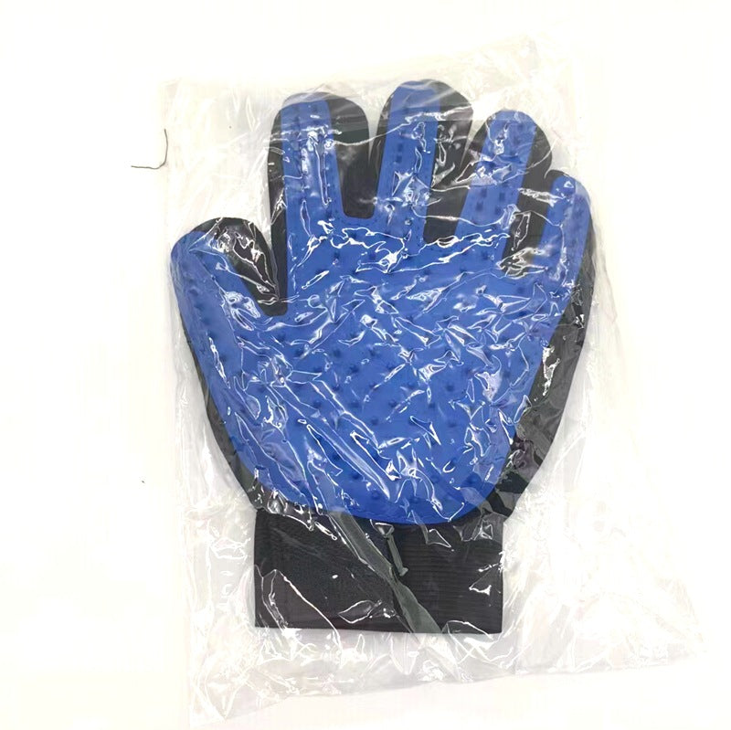 Blue left-hand silicone pet grooming glove product view.