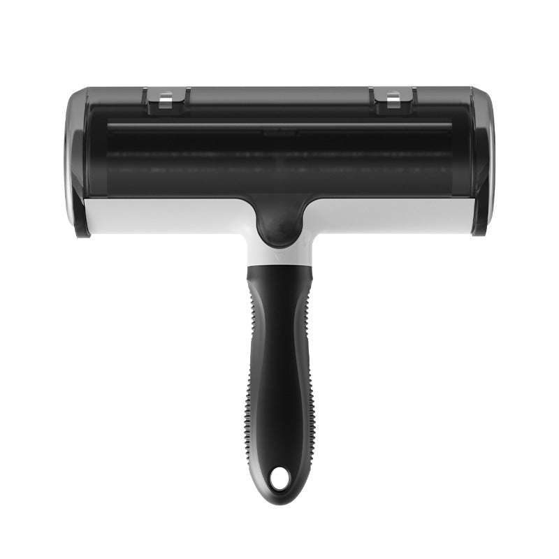 Black and white reusable pet hair removal roller front product view on a white background.