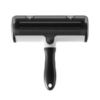 Black and white reusable pet hair removal roller front product view on a white background.