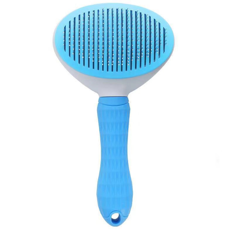 Blue round-head self-cleaning pet grooming brush.