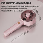 Pink spray pet grooming comb product view with verified dimensions shown on the image.