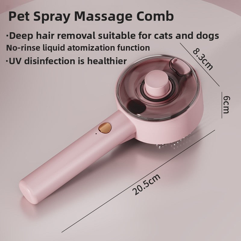 Pink spray pet grooming comb product view with verified dimensions shown on the image.