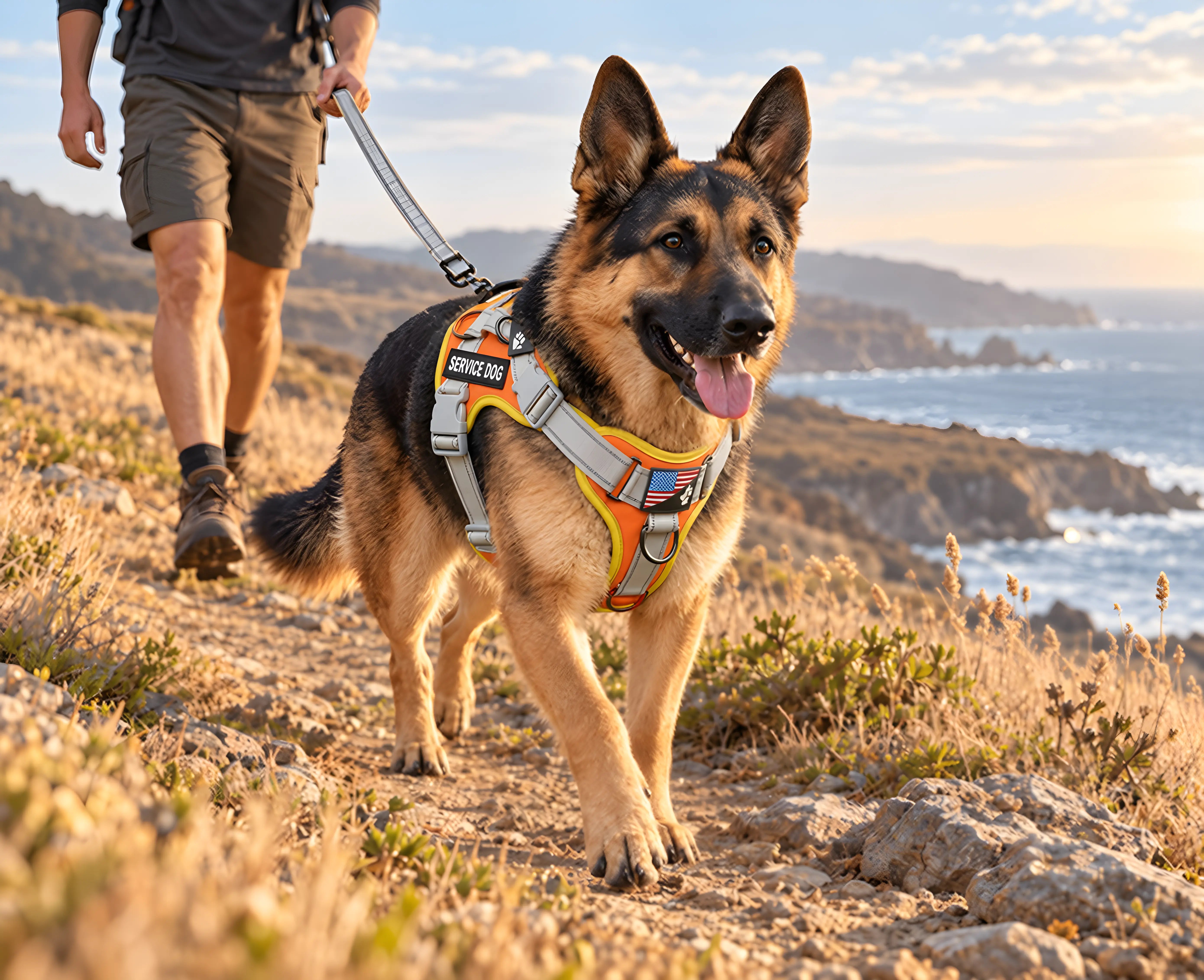German shepherd wearing an orange tactical harness with reflective gray straps and a leash on a coastal trail.