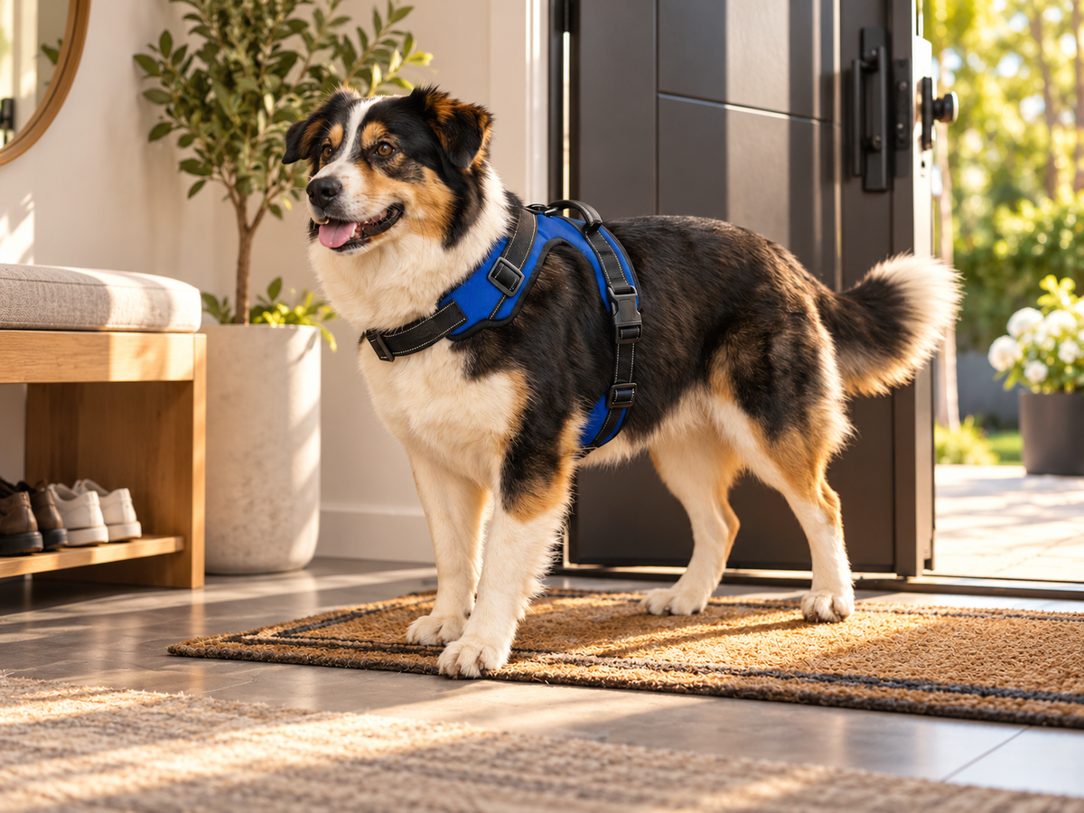 Dog wearing a blue and black breathable harness beside the front door.