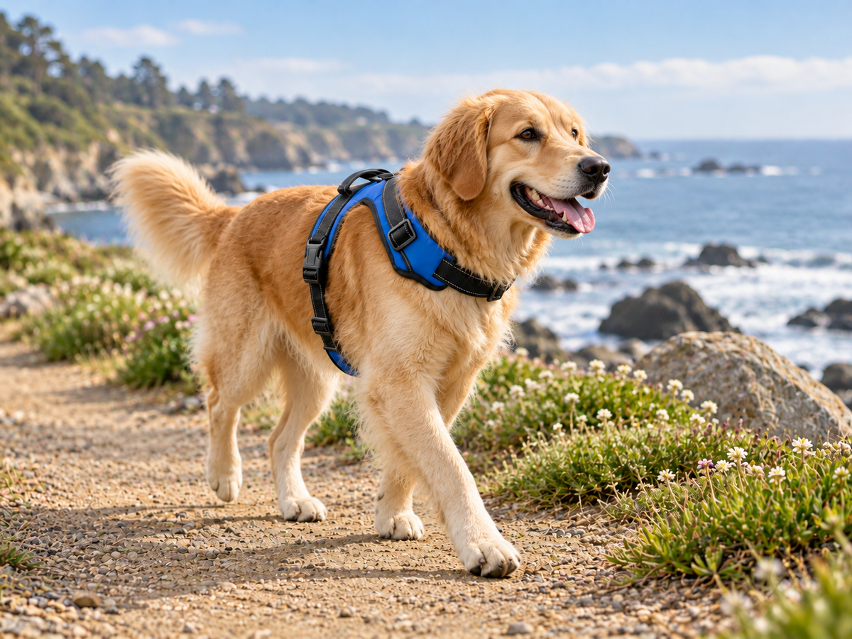 Golden retriever wearing a blue and black breathable harness on a coastal path.
