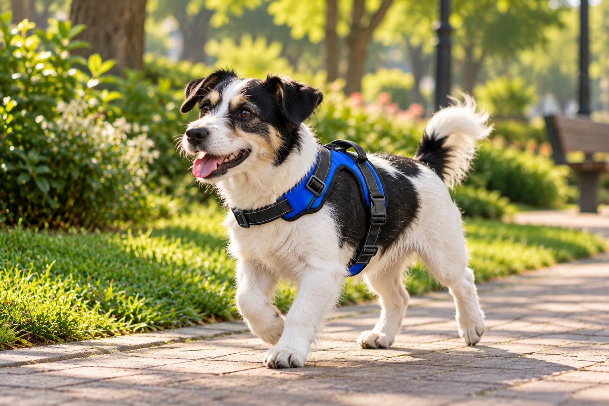 Dog walking along a garden path in a blue and black breathable harness.