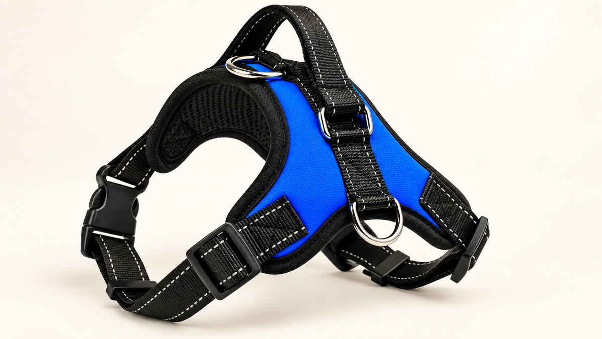 Blue and black dog harness showing metal leash attachment rings and adjustable straps.