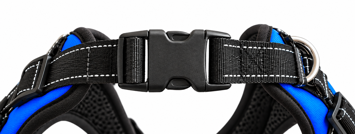 Close-up of a black quick-release buckle and reflective stitching on the blue dog harness.