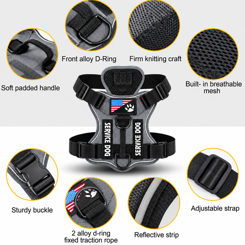 Black tactical dog harness detail collage showing buckles, mesh, handle, straps, and metal D-rings.