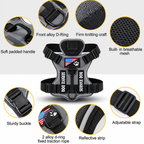 Black tactical dog harness detail collage showing buckles, mesh, handle, straps, and metal D-rings.