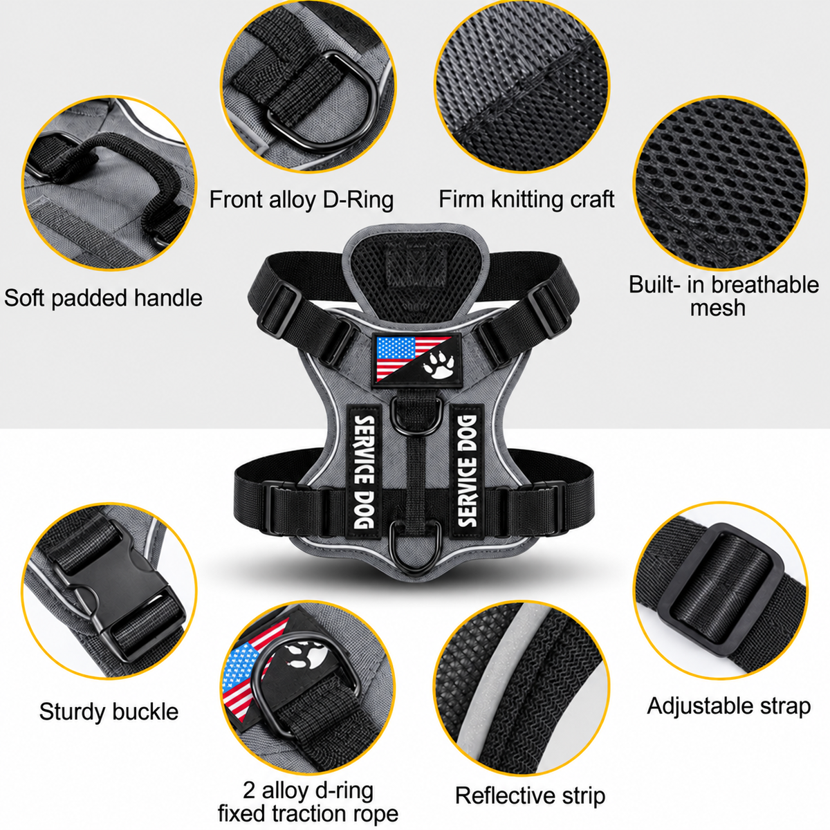Black tactical dog harness detail collage showing buckles, mesh, handle, straps, and metal D-rings.