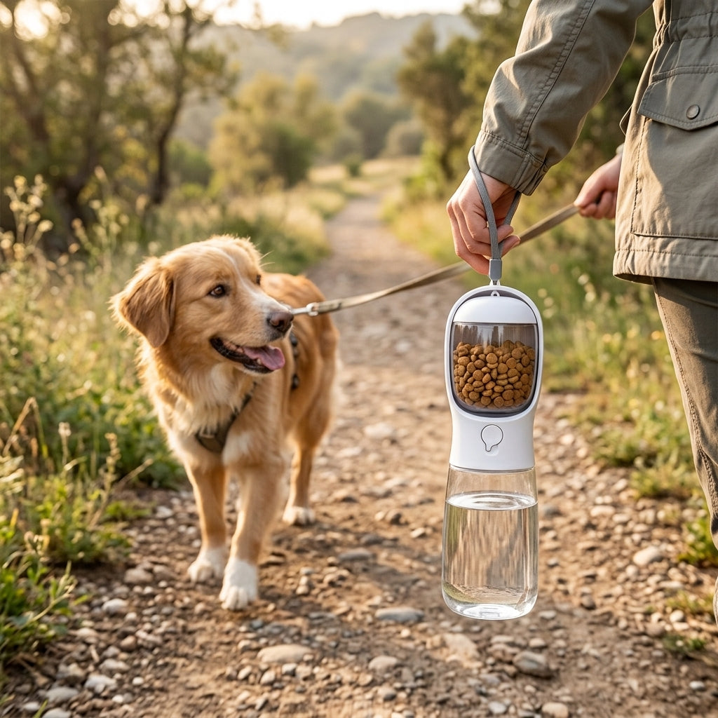 Owner carrying a white water and food bottle by its wrist strap beside a golden retriever on a trail.