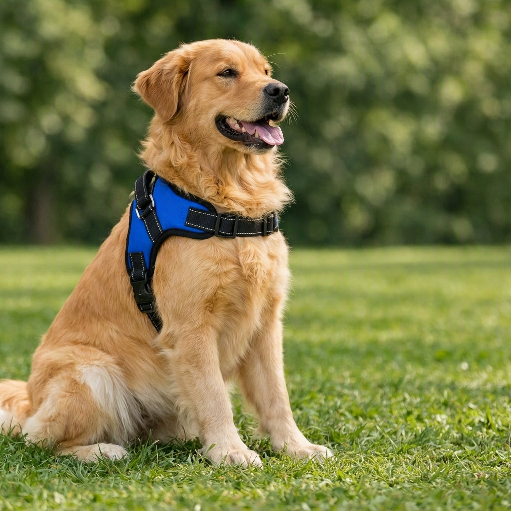 A golden retriever dog sitting on green grass wearing a blue and black harness, with a blurred green park background.
