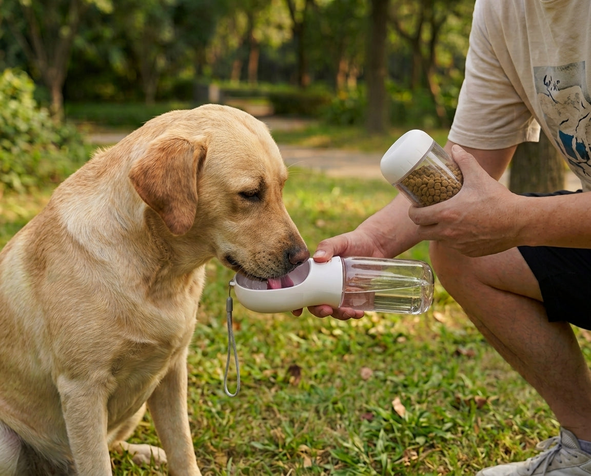 Dog drinking from a white portable water and food bottle while its owner holds the separate food container.