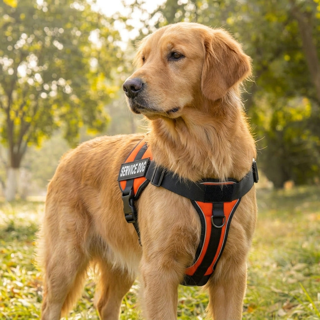 A golden retriever standing outdoors in a grassy park area, wearing a black and orange service harness with a 'SERVICE DOG' label on the side.