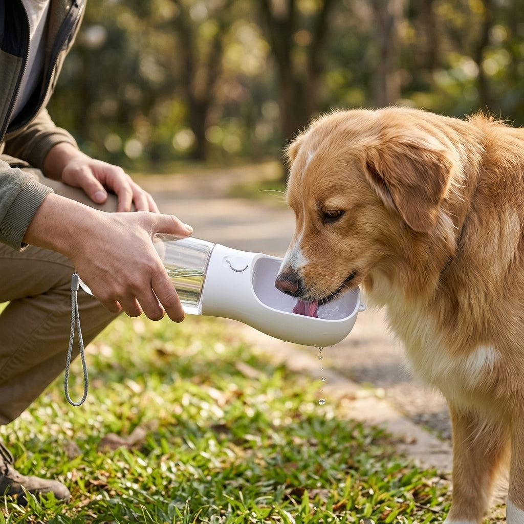 Golden retriever drinking from the trough of a white portable pet water and food bottle outdoors.