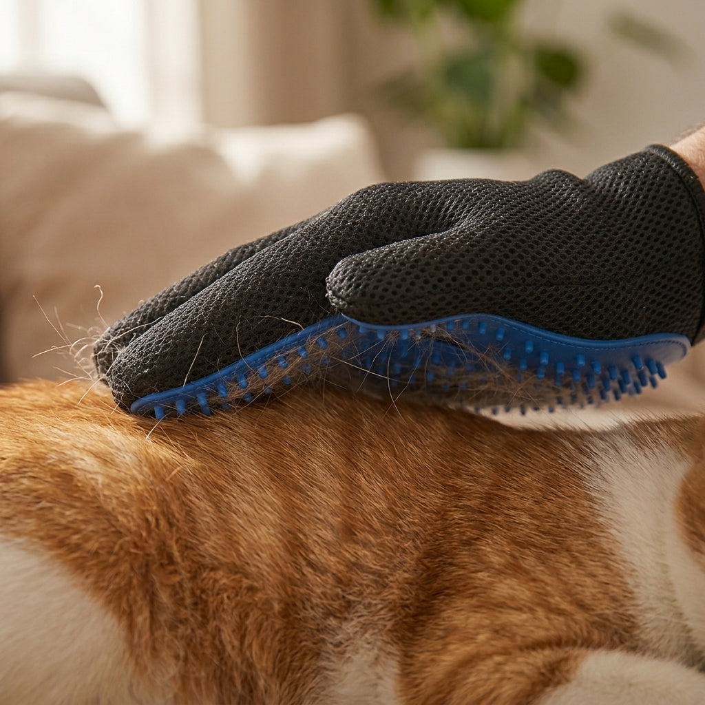 Black grooming glove with blue silicone bristles used on an orange and white cat.