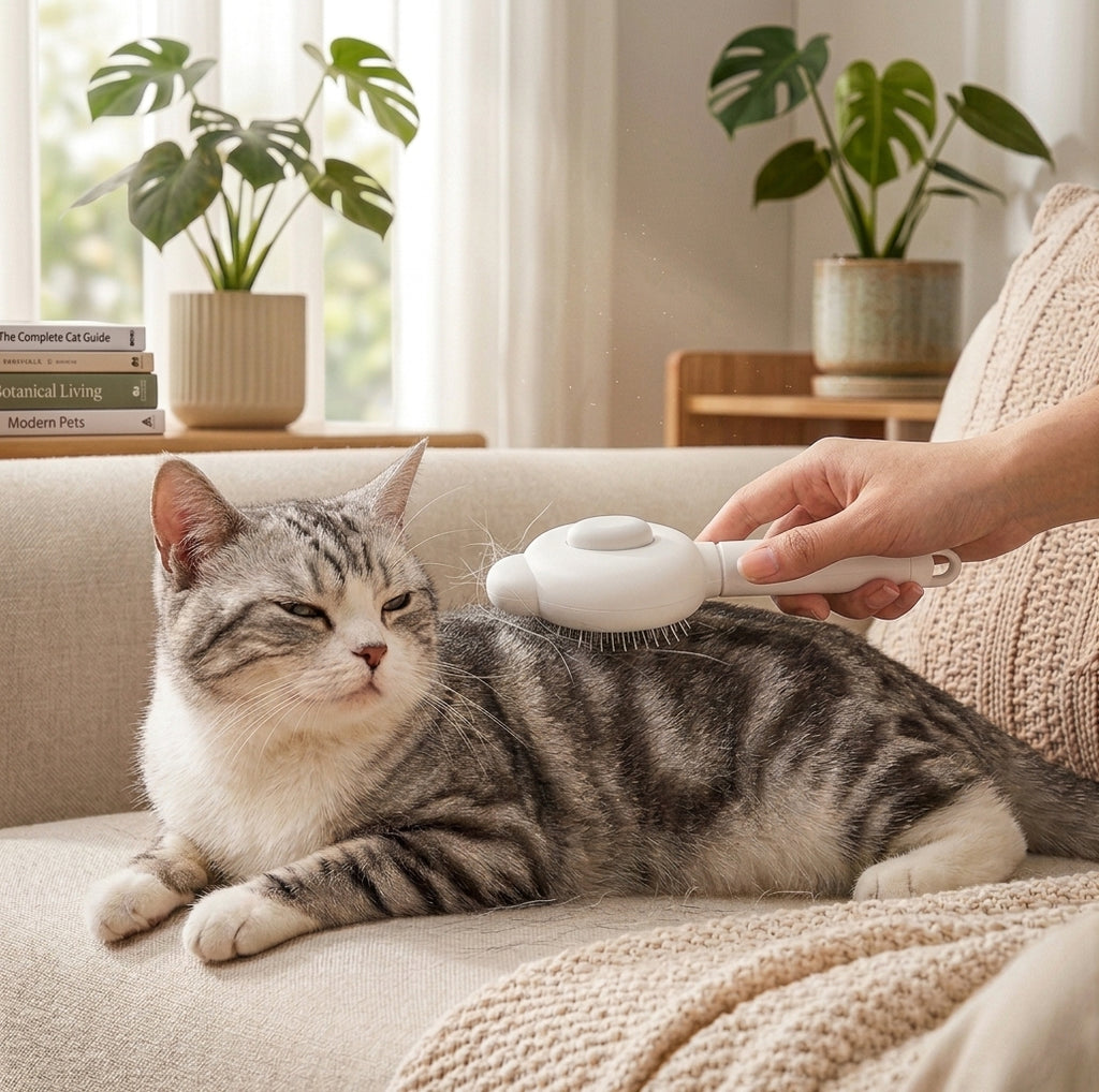 White pet massage comb used on a gray tabby cat resting on a sofa.
