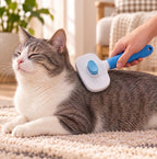 Blue self-cleaning grooming brush used on a gray and white cat indoors.
