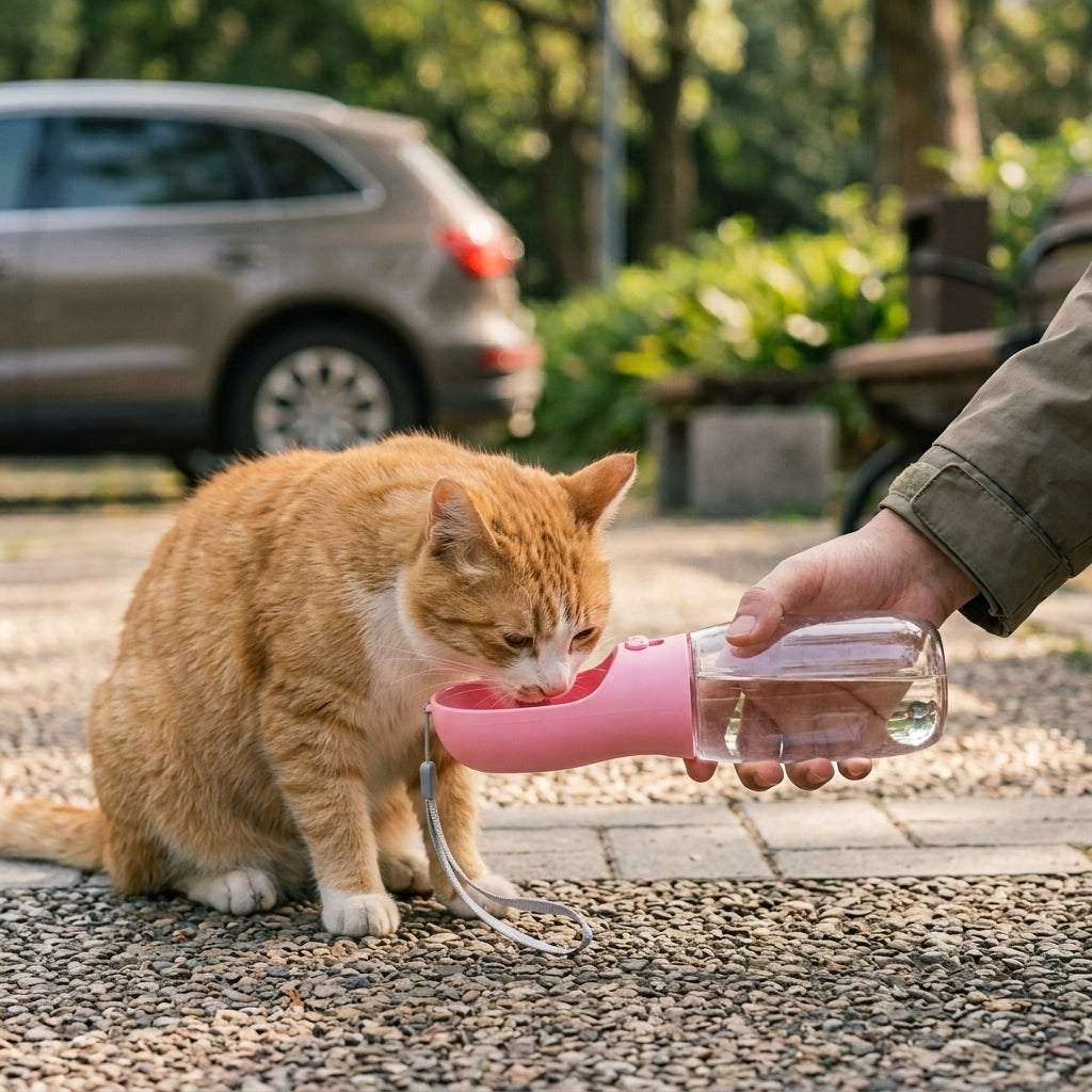 Orange and white cat drinking from a pink portable pet water and food bottle during an outdoor break.