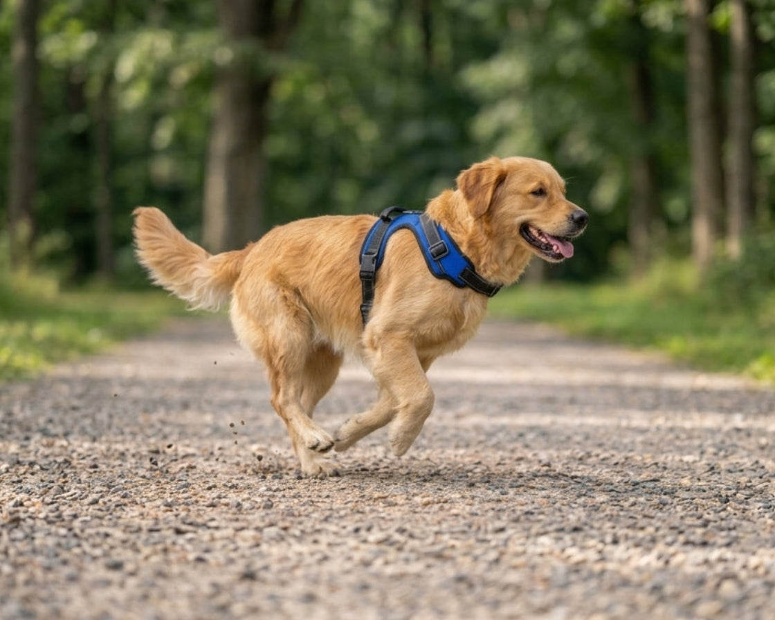 Golden retriever wearing a blue and black breathable dog harness on a woodland trail.