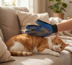 Blue and black grooming glove lifting loose fur from an orange and white cat.