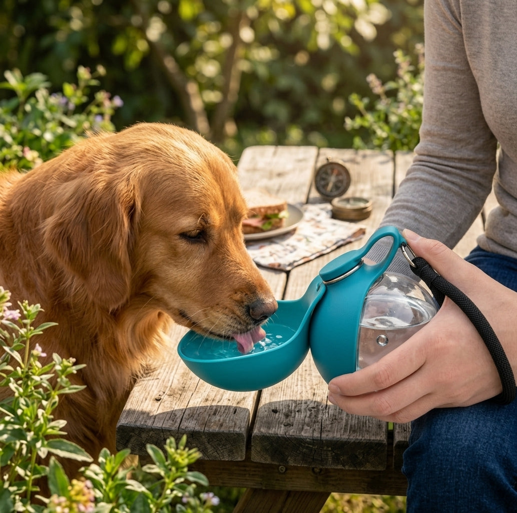 Golden retriever drinking from a teal portable pet water bottle with silicone bowl.