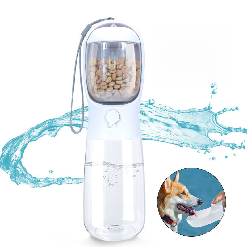 White pet water and food bottle with clear food container, water reservoir and wrist strap; inset of a dog drinking.