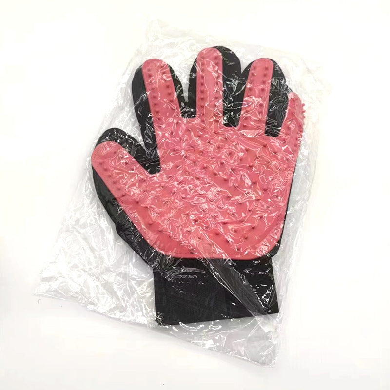 Pink left-hand silicone pet grooming glove product view.