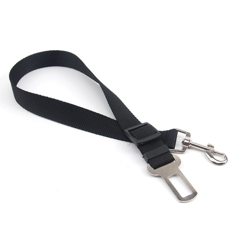 Black adjustable vehicle seat-belt tether accessory only, with buckle insert and metal clip.