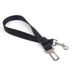 Black adjustable vehicle seat-belt tether accessory only, with buckle insert and metal clip.