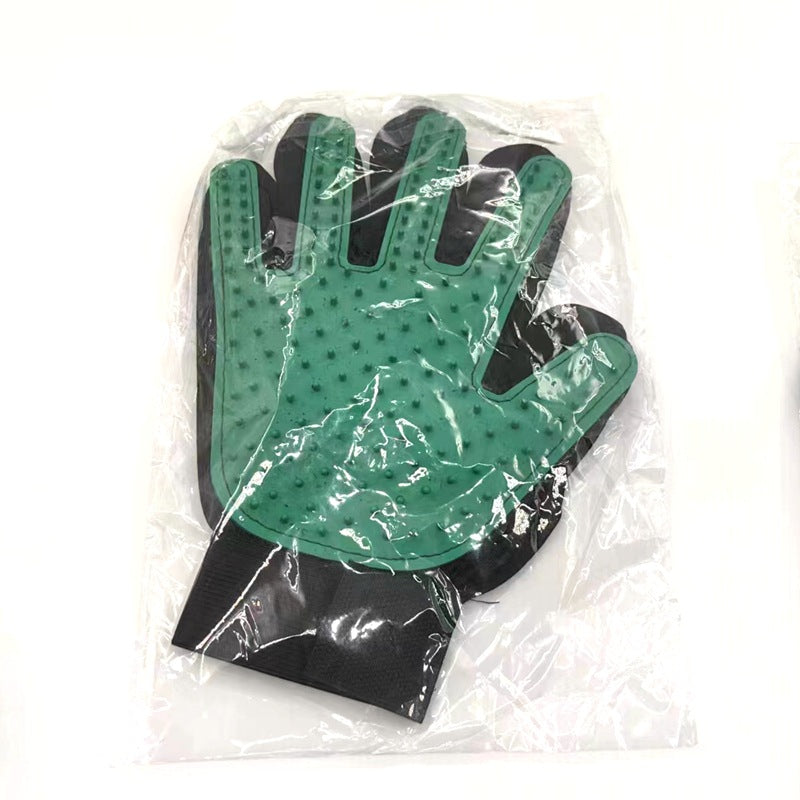 Peacock blue right-hand silicone pet grooming glove product view.