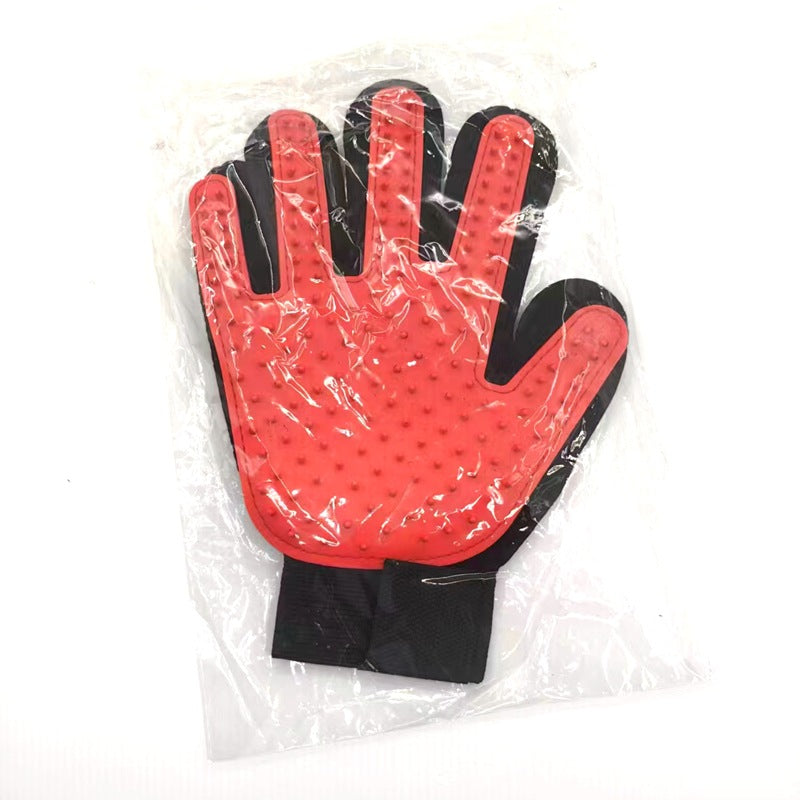Red right-hand silicone pet grooming glove product view.