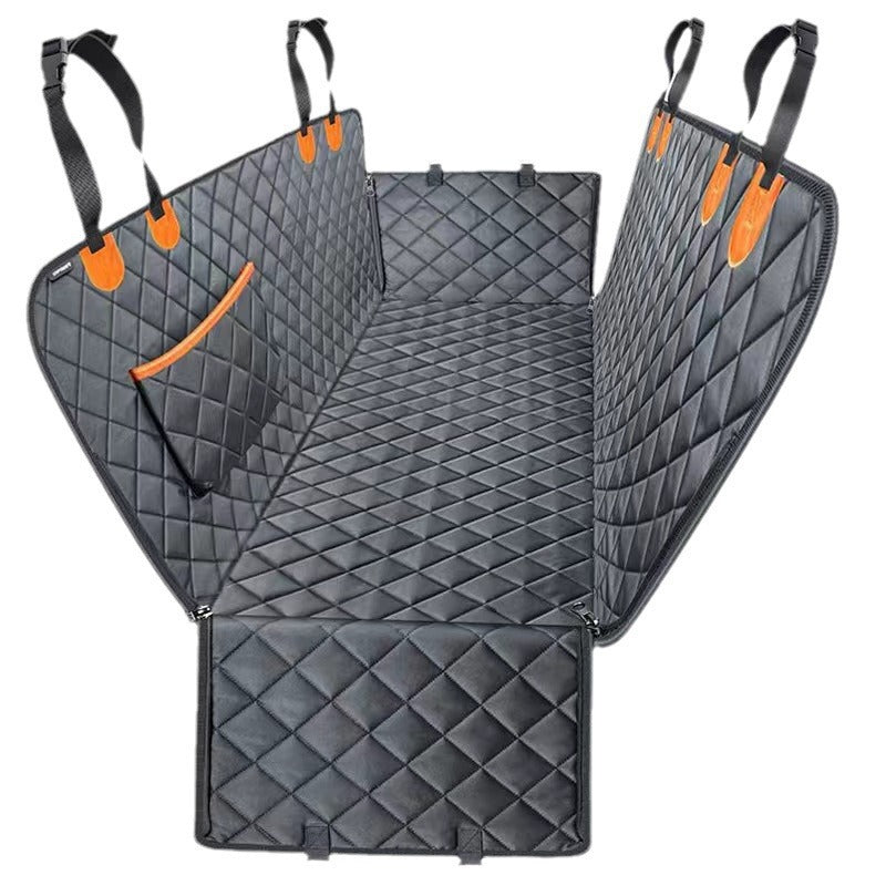Black diamond-quilted dog car seat hammock mat variant with orange attachment accents.