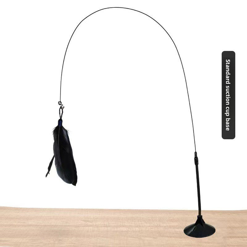 Standard-suction cat teaser variant with black feather and flexible rod.