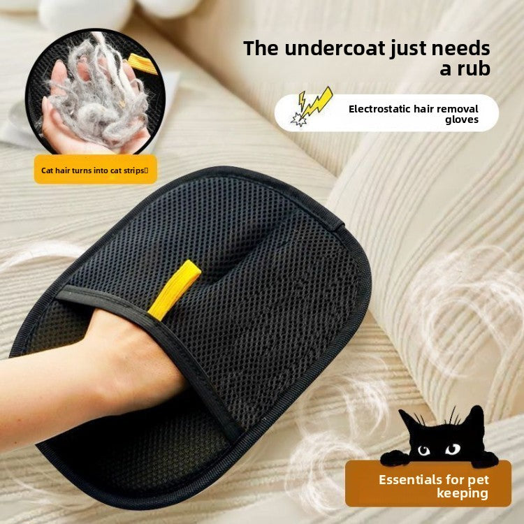 Large black and yellow deshedding glove variant shown collecting loose cat fur.