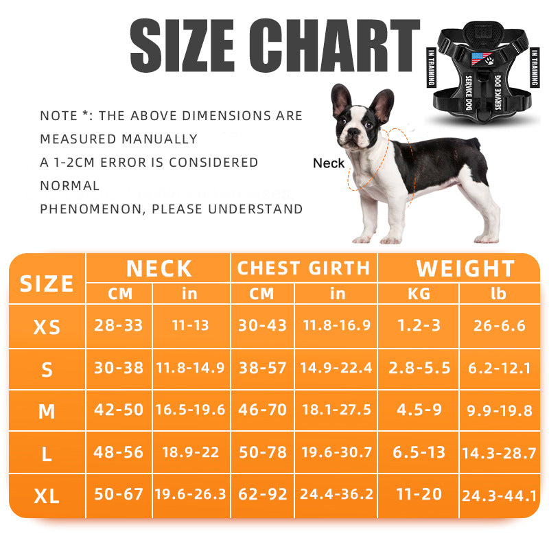 Size chart for the tactical dog harness with neck, chest, and weight guidance from XS to XL.