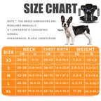 Size chart for the tactical dog harness with neck, chest, and weight guidance from XS to XL.